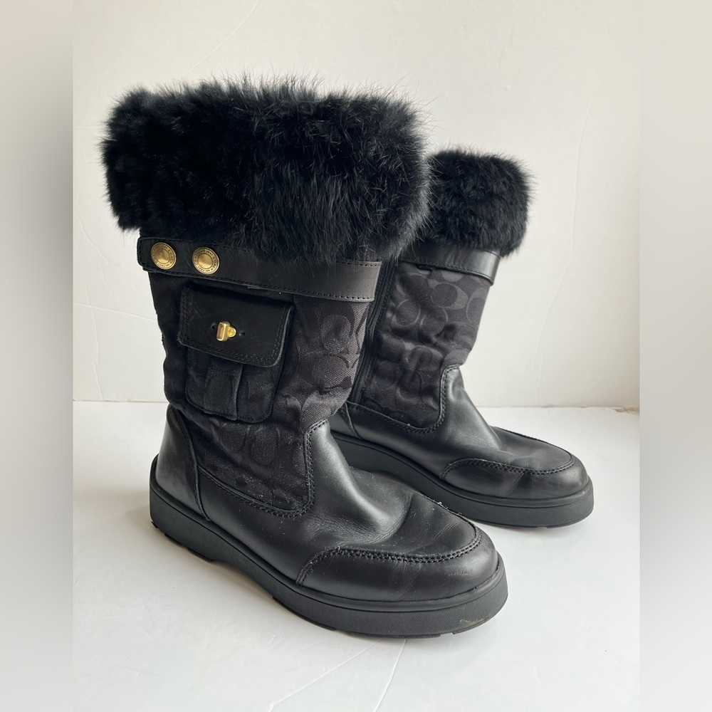 Coach Kimberly Black Logo Monogram Jacquard fur trim Leather boots size 8M